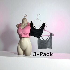 Puma 3-Pack of Sports Bras Stretch Performance in Pink, Gray, Black all Size L